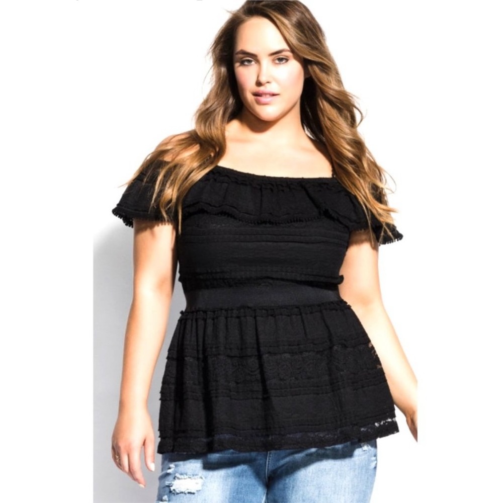 CITY CHIC Black Off Shoulder Lace Ruffle Peplum Top